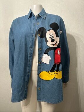 Disney Mickey Mouse Denim Button-Up in Blue with Red and Black Accents